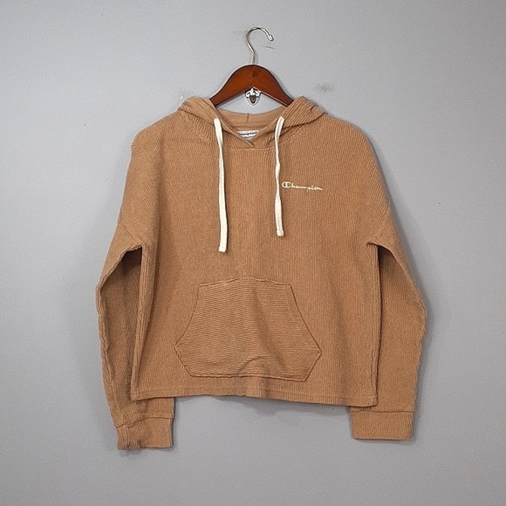 Champion Reverse Weave Tan Corduroy Cut Off Cropped Hoodie Sweater
